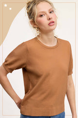 MCS3600-Soft Short Puffy Sleeve Basic Stretchy Knit Top: Pink Sand / M