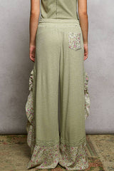 Floral Pattern Ruffle Detail Ribbed Knit Pants: PALE PINK / L