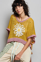 Round Neck Sleeveless Floral Thin Sweater Top SALE: BLUE/IVORY / L