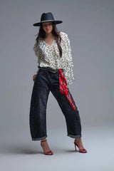 Polka Dot Button-Up chiffon Shirt with Ruffles: CREAM / M