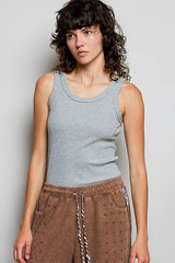 Sleeveless Round Neck Solid Pattern Rib Knit Top: OFF WHITE / Os