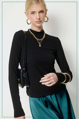 MCT7699-Stretchy Ribbed Long Sleeve Mock Neck Basic Top: Onyx / M
