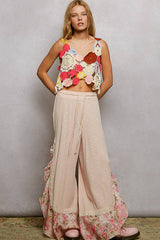Floral Pattern Ruffle Detail Ribbed Knit Pants: PALE PINK / S