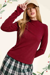 MCT7699-Stretchy Ribbed Long Sleeve Mock Neck Basic Top: Onyx / M