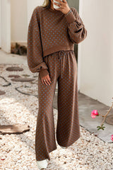 F/W26 Polka Dot Drawstring Wide Leg Pants Set | S-4X: Brown / M