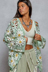 Long sleeve V neck crochet knit open cardigan: MINT / Os