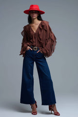 Brown V-Neck All Over Ruffle Blouse: BROWN / S
