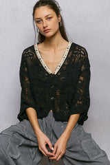 V-Neck Crochet Batwing Sleeve Cardigan Top: NATURAL / Os
