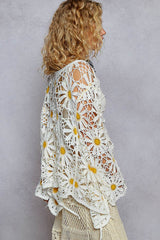 Long sleeve V neck crochet knit open cardigan: MINT / Os