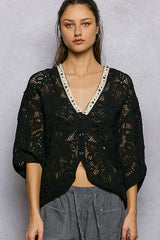 V-Neck Crochet Batwing Sleeve Cardigan Top: NATURAL / Os