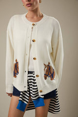 "HORSE" GRAPHIC LONG SLEEVE ROUND NECK CARDIGAN: NAVY / M