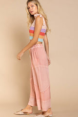 Contrast ribbed elastic waist casual knit culottes pants: DOVE GREY / S/M