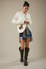 "HORSE" GRAPHIC LONG SLEEVE ROUND NECK CARDIGAN: NAVY / L