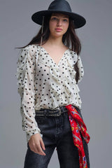 Polka Dot Button-Up chiffon Shirt with Ruffles: CREAM / M