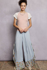 Floral Pattern Ruffle Detail Ribbed Knit Pants: PALE PINK / L