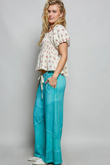 Contrast ribbed elastic waist casual knit culottes pants: DESERT SAGE / S/M