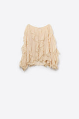 Beige V-Neck All Over Ruffle Blouse: BEIGE / L