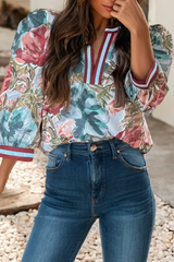 Spring Floral Contrast Trim Cuffed Bracelet Sleeve Blouse: Sky Blue / M