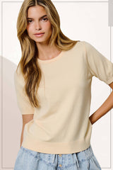 MCS3600-Soft Short Puffy Sleeve Basic Stretchy Knit Top: Pink Sand / M