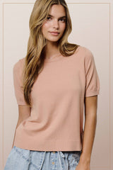 MCS3600-Soft Short Puffy Sleeve Basic Stretchy Knit Top: Pink Sand / M