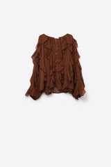 Brown V-Neck All Over Ruffle Blouse: BROWN / S